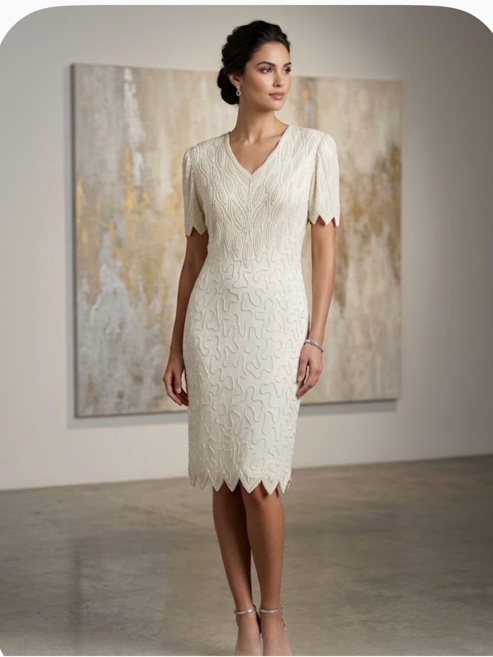 Vintage Silky Nites pure 100% silk Elegant off-White V-Neck Lace Sheath Dress